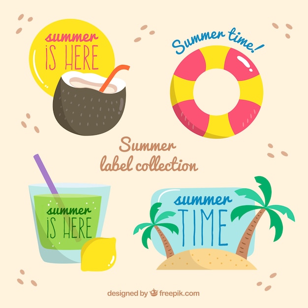 Free vector set of summer labels with beach elements in hand drawn style