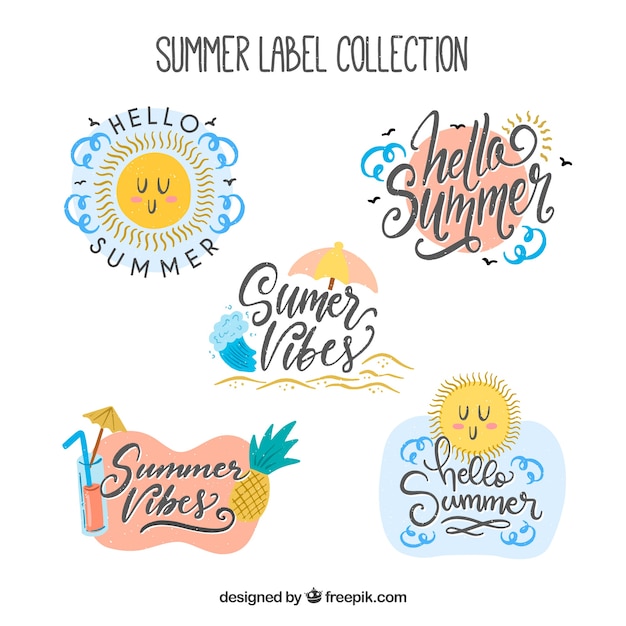 Set of summer labels with beach elements in hand drawn style