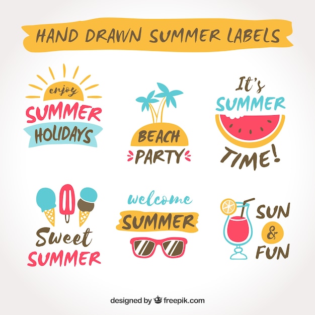 Free vector set of summer labels with beach elements in hand drawn style