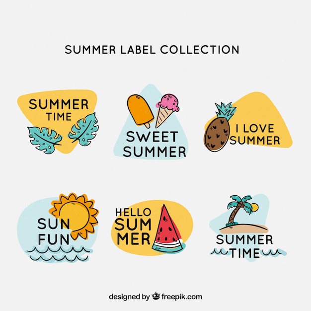 Set di etichette estive con stile disegnato a mano elementi spiaggia
