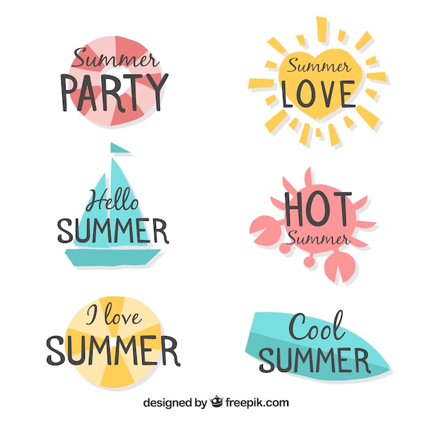 Set of summer labels with beach elements in hand drawn style