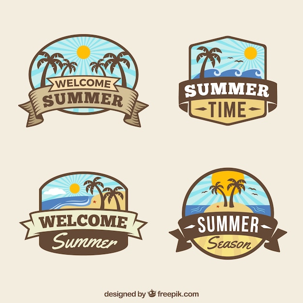 Free vector set of summer labels with beach elements in vintage style