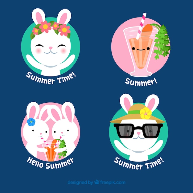 Free vector set of summer labels with cute rabbits