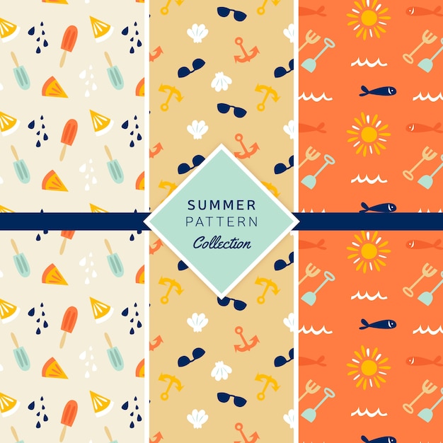 Set of summer patterns with beach elements in flat style