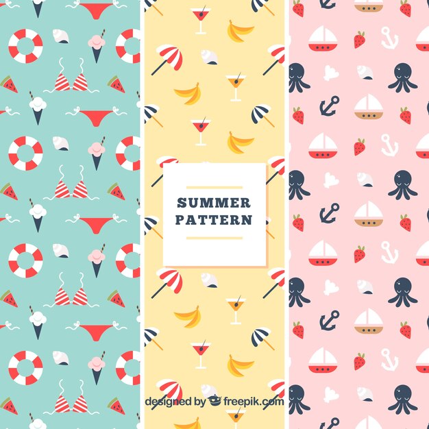 Set of summer patterns with beach elements in flat style