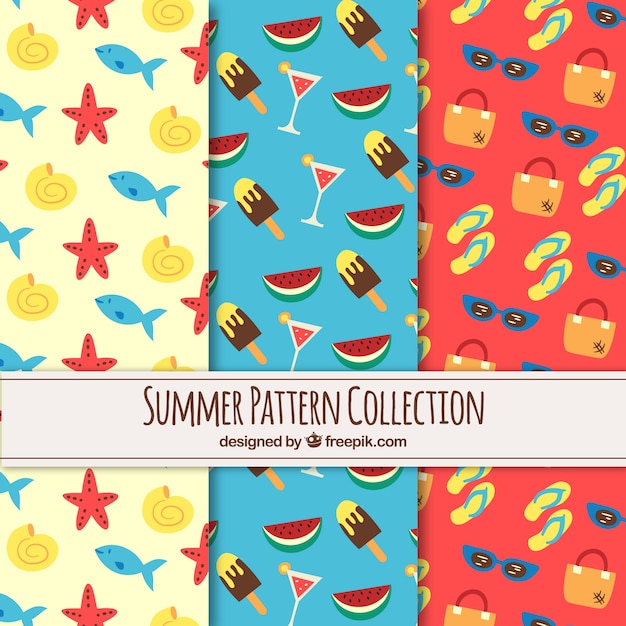 Set of summer patterns with beach elements in hand drawn style