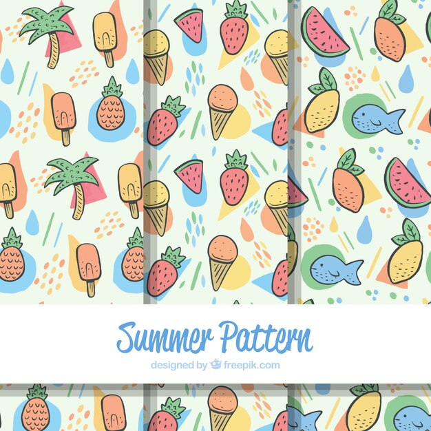 Set of summer patterns with beach elements in hand drawn style