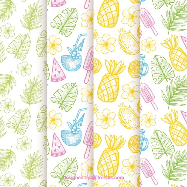 Set of summer patterns with beach elements in hand drawn style