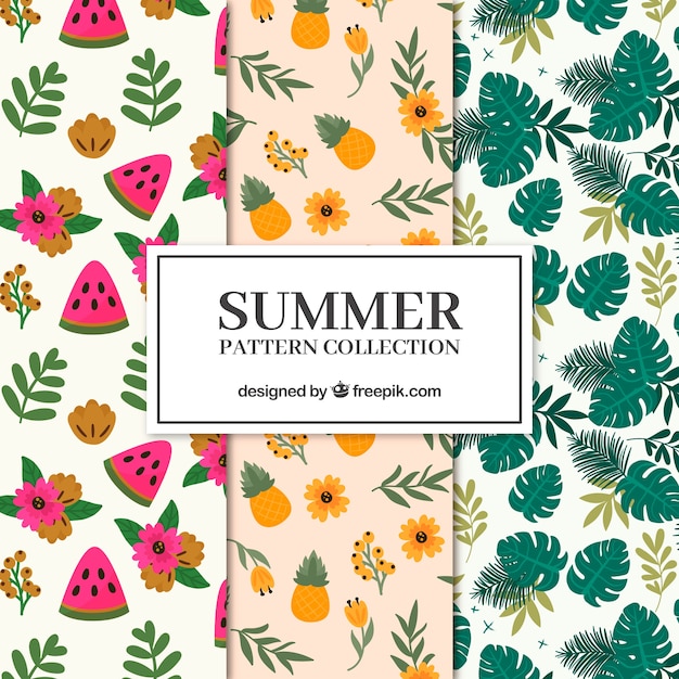 Set of summer patterns with beach elements in hand drawn style