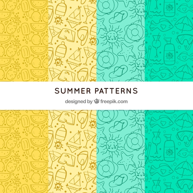 Set of summer patterns with beach elements in hand drawn style