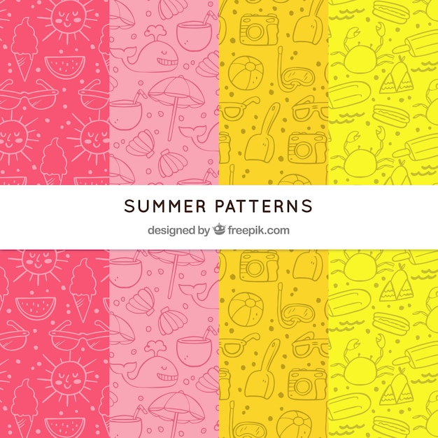 Set of summer patterns with beach elements in hand drawn style