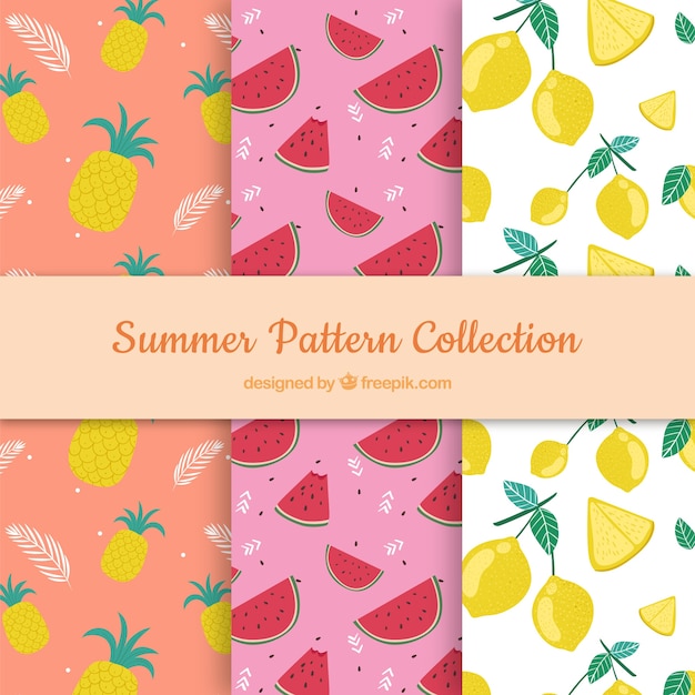 Set of summer patterns with beach elements in hand drawn style