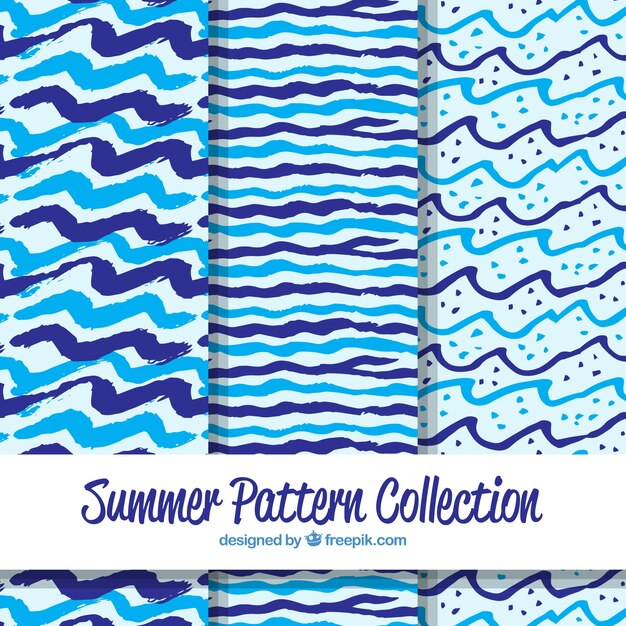 set of summer patterns with beach elements in hand drawn style
