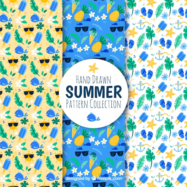 Free vector set of summer patterns with beach elements in hand drawn style