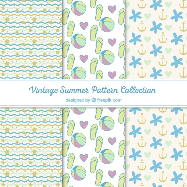 Set of summer patterns with beach elements in vintage style