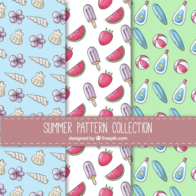 Set of summer patterns with elements in watercolor style