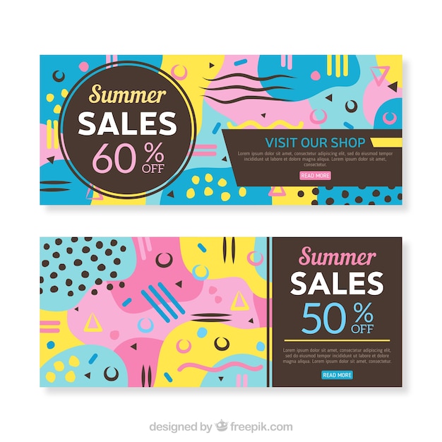 Set of summer sale banners in memphis style