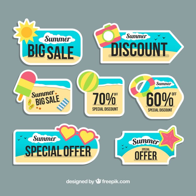 Set of summer sale stickers in flat design