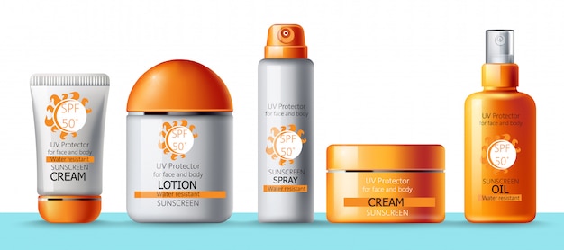 Set of sunscreen cream, lotion, spray and oil. UV protection. Water resistant. Realistic