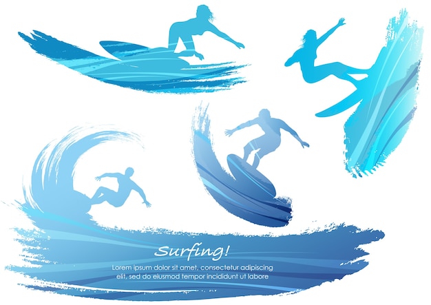 Набор серфинг силуэты векторные иллюстрации изолированные
