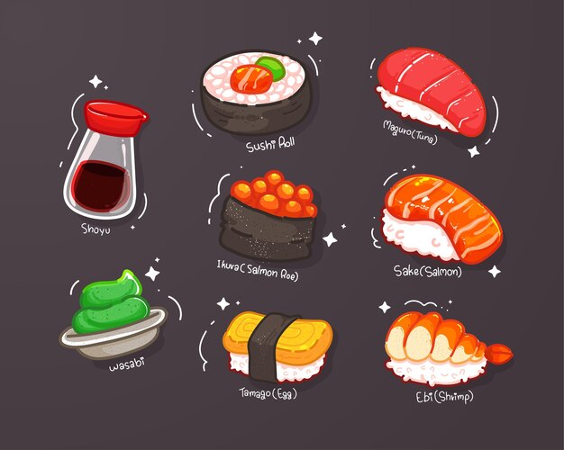 Set of sushi cartoon hand draw illustration