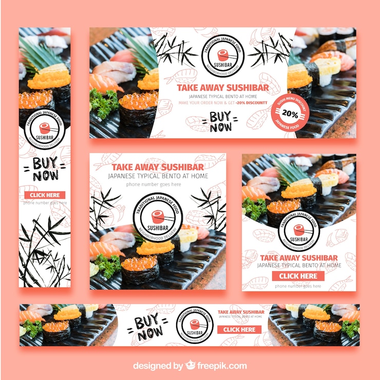 Free Vector set of sushi restaurant banners