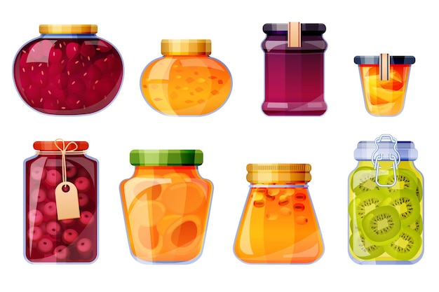 甘い果物のセットは、ガラスの瓶の孤立した図に保存します