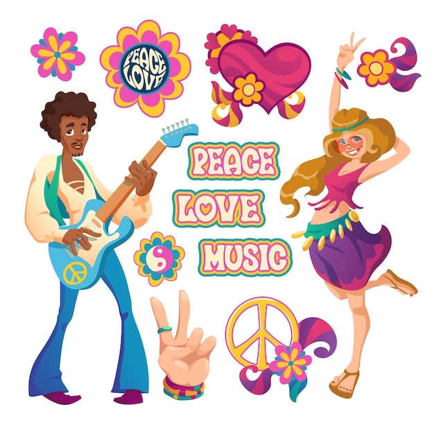 Set di simboli della cultura hippy con cuori, fiori, gesto della mano, donna felice e uomo con la chitarra isolata