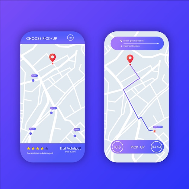 Vettore gratuito set di interfaccia app taxi su smartphone