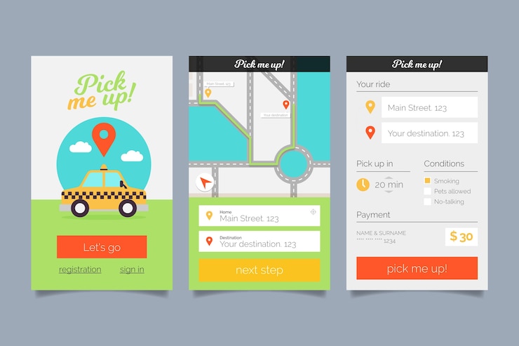 Free Vector set of taxi app interface