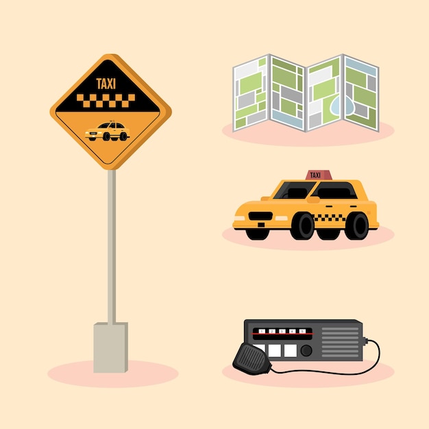 Free vector set of taxi service, map and radio