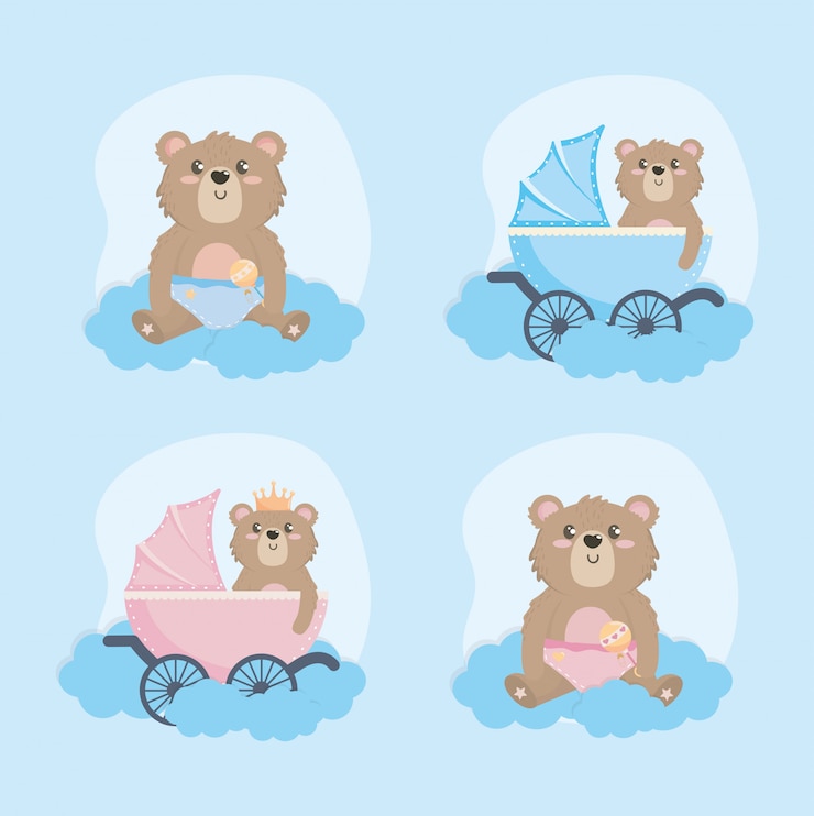 Free Vector set of teddy bear with carriage and rattle