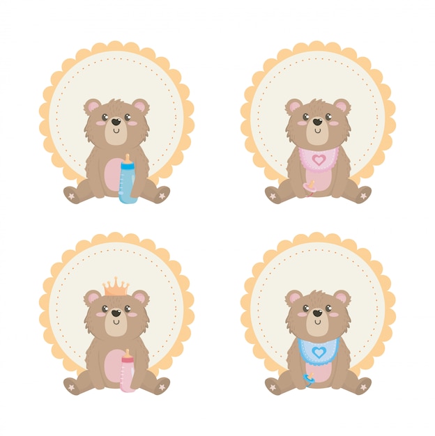 Free Vector set of teddy bear with label and decoration