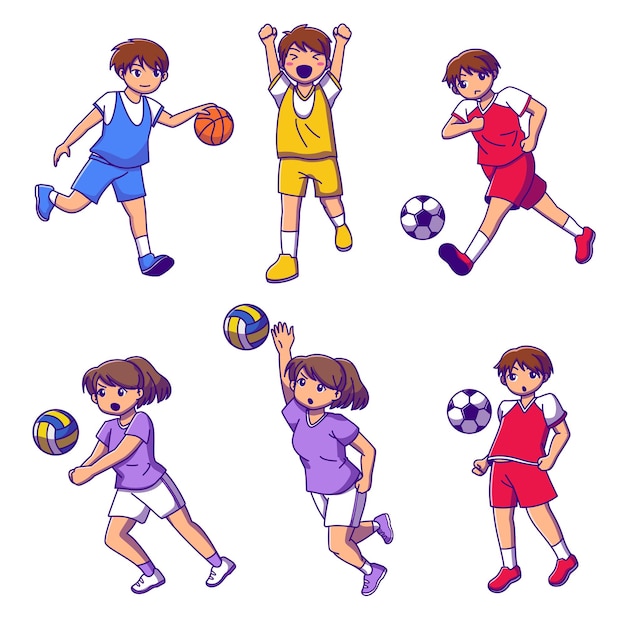 Vettore gratuito insieme dell'adolescente che gioca pallacanestro, calcio e pallavolo, illustrazione isolata della raccolta del personaggio dei cartoni animati