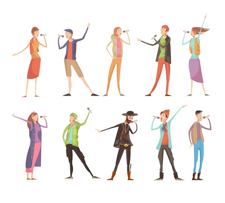 Free Vector set of ten flat isolated people characters at karaoke group party with microphones and colorful cost