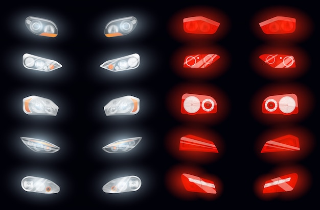 Set of ten realistic auto headlights and ten glowing brake lights isolated images on dark background  illustration