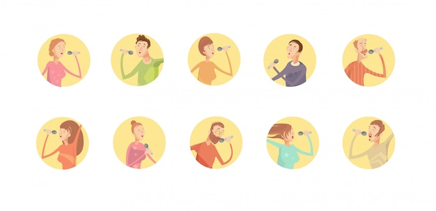 Набор из десяти круглых иконок изолированных караоке-вечеринка