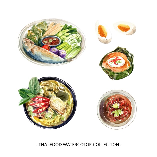 Комплект тайского дизайна собрания еды изолировал иллюстрацию акварели.