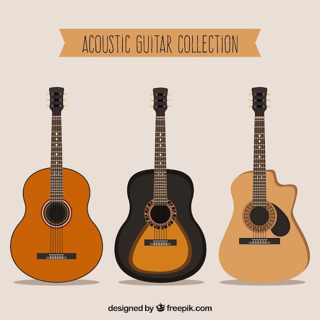 フラットデザインの3つのアコースティックギターのセット