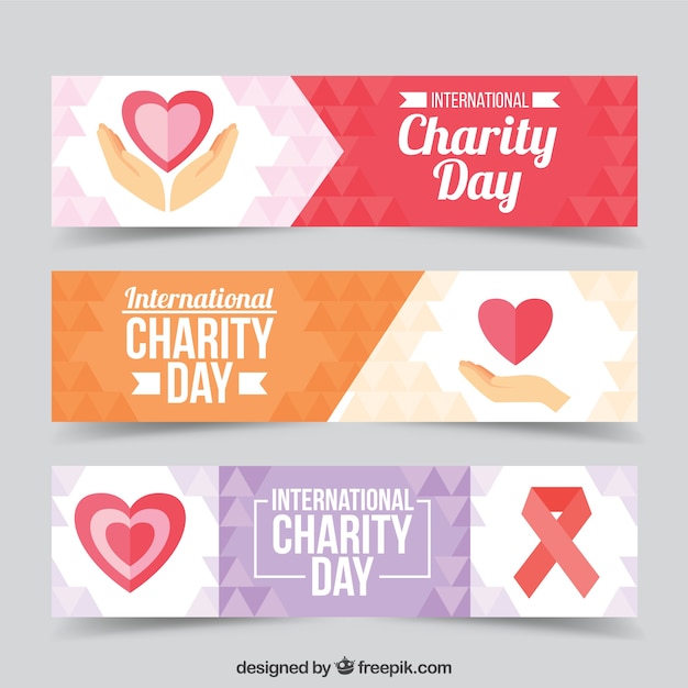 Free vector set of three banners with hearts of charity day