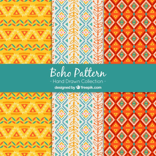 Set of three boho patterns with colored shapes