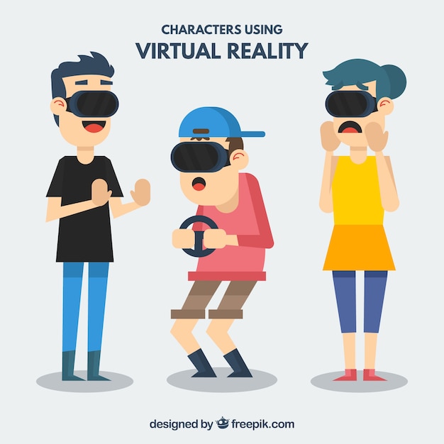 Set of three characters with virtual glasses in flat design