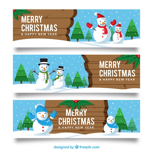 Free vector set of three christmas banners with snowmen