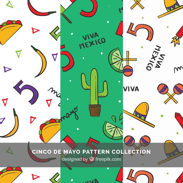 Set of three cinco de mayo patterns with hand-drawn items