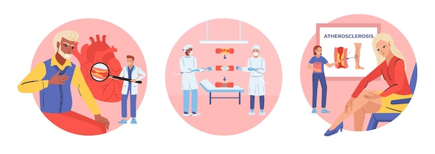 Vettore gratuito set di tre composizioni circolari con icone piatte dell'arteria aterosclerotica con caratteri di illustrazione vettoriale di medici e pazienti