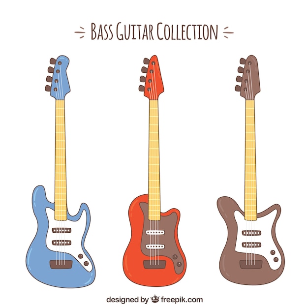 Free vector set of three colored bass guitars