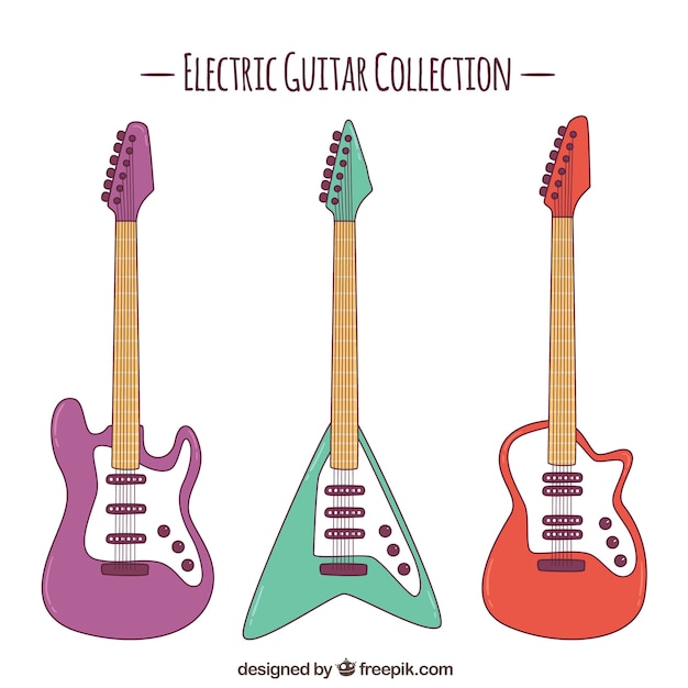 Set of three colored electric guitars