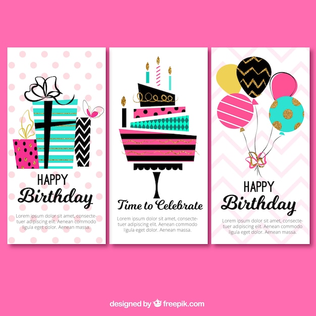 Set of three colorful birthday greetings