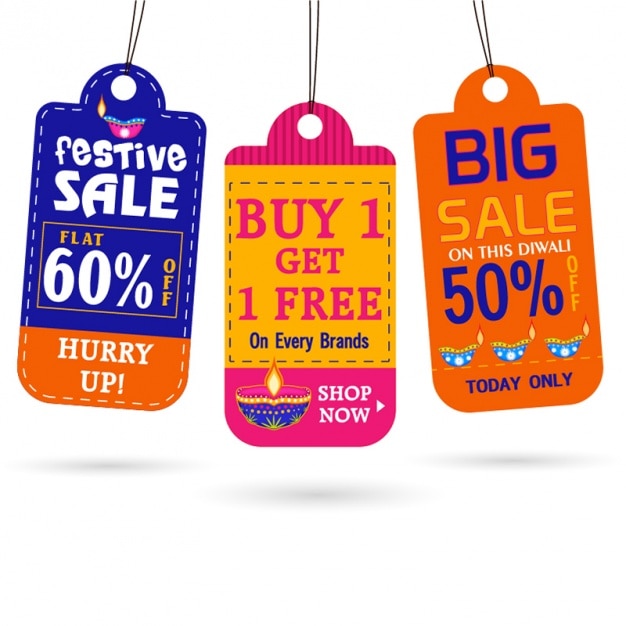 Set Of Three Colorful Diwali Tags With Great Offers Premium Vector