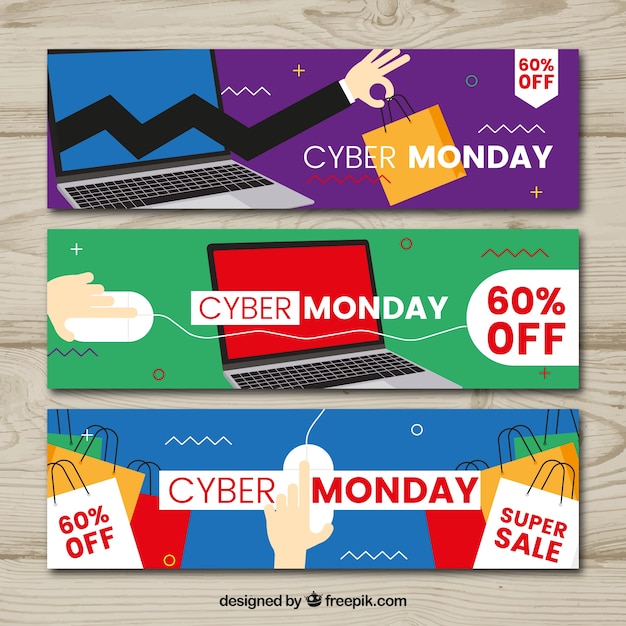 Vettore gratuito set di tre banner di lunedi 'cyber monday